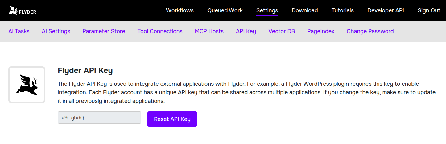 Flyder API Key settings page